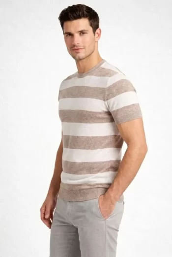 Erkek T-shirt Çizgili Triko Dokuma Bisiklet Yaka Tişört - Bej