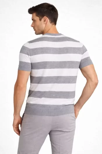 Erkek T-shirt Çizgili Triko Dokuma Bisiklet Yaka Tişört - Gri