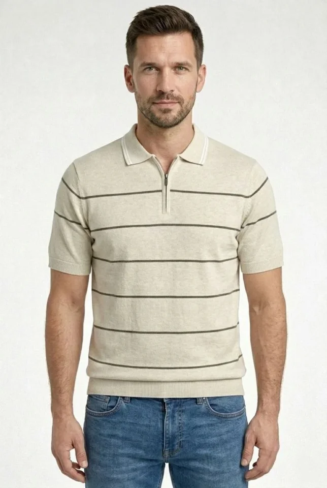 Erkek T-shirt Çizgili Triko Dokuma Kumaş Polo Yaka Yarım Fermuarlı Regular Kalıp Tişört - Bej Erkek T-shirt Çizgili Triko Dokuma Kumaş Polo Yaka Yarım Fermuarlı Regular Kalıp Tişört - Bej