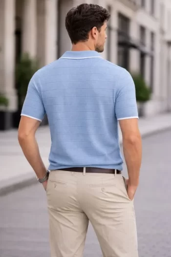 Erkek Triko Kumaş Yakalı Düğmesiz Açık Yaka Fitilli Kısa Kollu Regular Fit Tişört T-shirt - Bebek Mavisi