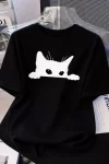 Kadınlar Için Siyah Kedi Grafik Tişört – Oversize Kısa Kollu Üst Nefes Alabilir – Siyah