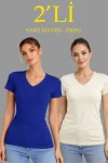 2li V Yaka Tişört – Kısa Kollu Yazlık Slim Fit Body – Saks Mavisi – Ekru