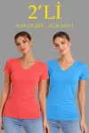 2li V Yaka Tişört – Kısa Kollu Yazlık Slim Fit Body – Nar Çiçeği – Açık Mavi