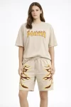 Bej Oversize Baskılı Tişört Şort Takım Cepli Şort Yazlık Rahat Günlük Kombin – Bej