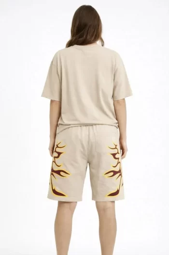 Bej Oversize Baskılı Tişört Şort Takım Cepli Şort Yazlık Rahat Günlük Kombin - Bej