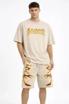 Erkek Bej Oversize Baskılı Tişört Şort Takım Cepli Şort Yazlık Rahat Günlük Kombin – Bej