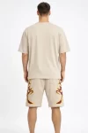Erkek Bej Oversize Baskılı Tişört Şort Takım Cepli Şort Yazlık Rahat Günlük Kombin – Bej