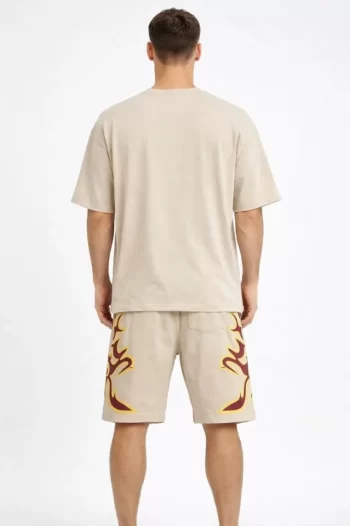 Erkek Bej Oversize Baskılı Tişört Şort Takım Cepli Şort Yazlık Rahat Günlük Kombin - Bej