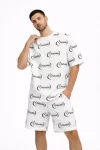 Erkek Oversize Ön Ve Arka Baskılı Tişört Şort Takım Rahat Kalıp Yazlık Günlük Kombin – Beyaz