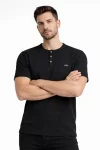 Erkek Waffle Dokulu Likralı Henley Yaka Düğmeli Regular Fit Kısa Kollu T-Shirt – Siyah