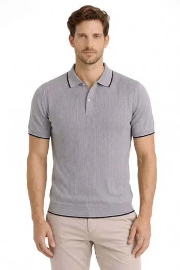 Erkek Düğmeli Yaka Triko Dokuma Tişört Desenli Yazlık Şık Günlük Triko Tişört - Gri