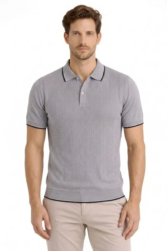 Erkek Düğmeli Yaka Triko Dokuma Tişört Desenli Yazlık Şık Günlük Triko Tişört - Gri Erkek Düğmeli Yaka Triko Dokuma Tişört Desenli Yazlık Şık Günlük Triko Tişört - Gri