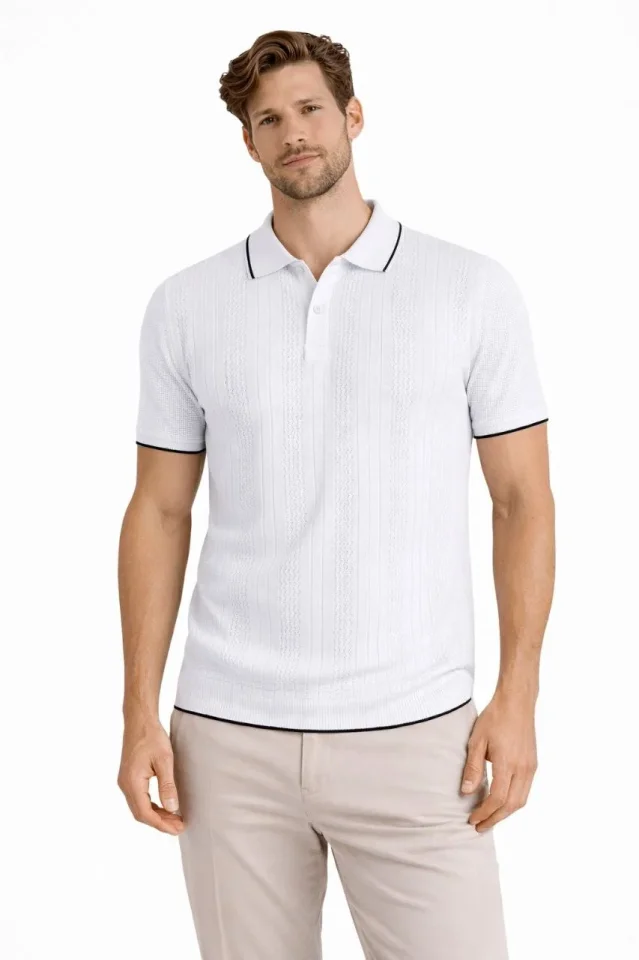 Erkek Düğmeli Yaka Triko Dokuma Tişört Desenli Yazlık Şık Günlük Triko Tişört - Beyaz Erkek Düğmeli Yaka Triko Dokuma Tişört Desenli Yazlık Şık Günlük Triko Tişört - Beyaz