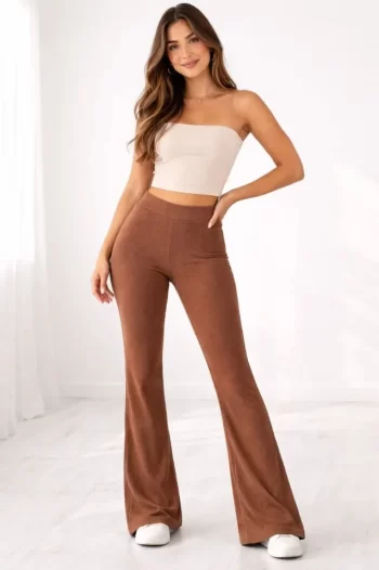 Fitilli Kaşkorse İspanyol Paça Tayt Yüksek Bel Esnek Günlük Rahat Pantolon - Kahverengi