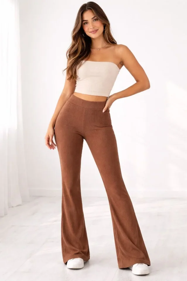 Fitilli Kaşkorse İspanyol Paça Tayt Yüksek Bel Esnek Günlük Rahat Pantolon - Kahverengi Fitilli Kaşkorse İspanyol Paça Tayt Yüksek Bel Esnek Günlük Rahat Pantolon - Kahverengi