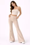Fitilli Kaşkorse İspanyol Paça Tayt Yüksek Bel Esnek Günlük Rahat Pantolon – Bej