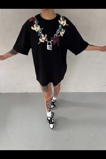 Baskılı T-Shirt Kısa Kol Bisiklet Yaka Regular Rahat Kalıp Günlük Tişört - Siyah