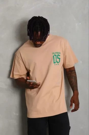 Erkek Baskılı T-Shirt Kısa Kol Bisiklet Yaka Regular Fit Rahat Kalıp Günlük Tişört - Bej