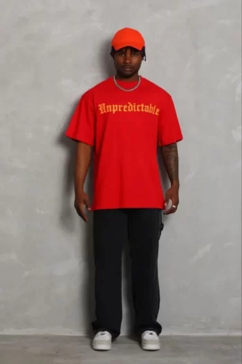 Erkek Baskılı T-Shirt Kısa Kol Bisiklet Yaka Regular Fit Rahat Kalıp Günlük Tişört - Kırmızı