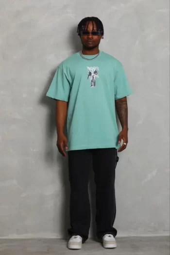 Erkek Baskılı T-Shirt Kısa Kol Bisiklet Yaka Regular Fit Rahat Kalıp Günlük Tişört - Mint Yeşili