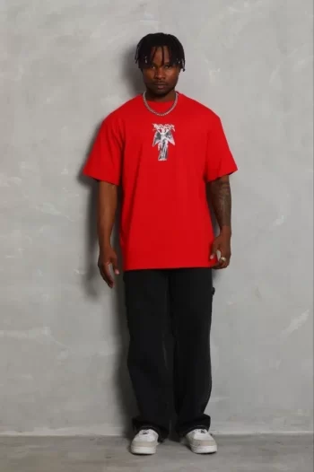 Erkek Baskılı T-Shirt Kısa Kol Bisiklet Yaka Regular Fit Rahat Kalıp Günlük Tişört - Kırmızı