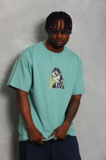 Erkek Baskılı T-Shirt Kısa Kol Bisiklet Yaka Regular Fit Rahat Kalıp Günlük Tişört - Mint Yeşili