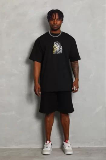 Erkek Baskılı T-Shirt Kısa Kol Bisiklet Yaka Regular Fit Rahat Kalıp Günlük Tişört - Siyah