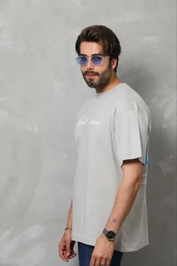 Erkek Baskılı T-Shirt Kısa Kol Bisiklet Yaka Regular Fit Rahat Kalıp Günlük Tişört - Gri