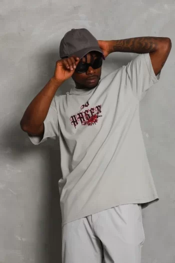 ERKEK Oversize Baskılı Bisiklet Yaka T-Shirt - Gri