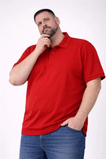 Erkek Pike Kumaş Düğmeli Yaka Battal Büyük Beden Günlük Kısa Kol Tişört T-shirt - Kırmızı