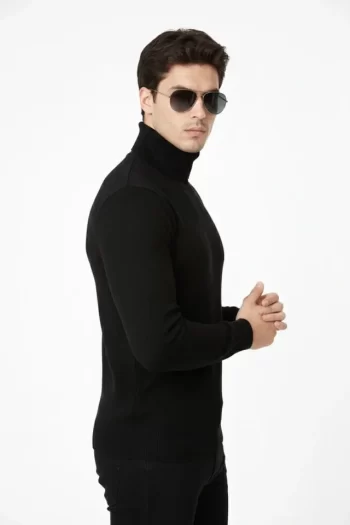 Tam Boğazlı Balıkcı Yaka Triko Kazak Yumuşak Dokulu Pamuklu Ince Dokuma Uzun Kollu - Siyah