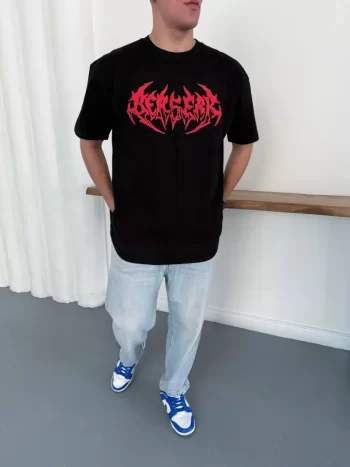 Erkek Baskılı T-Shirt Yazlık Kısa Kol Bisiklet Yaka Rahat Kalıp Tişört - Siyah