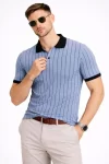 Erkek Polo Yaka Çizgili Tişört Kısa Kol Düğmeli Yazlık T-Shirt – Bebek Mavisi