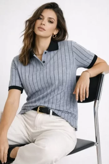 Polo Yaka Çizgili Tişört Kısa Kol Düğmeli Yazlık T-Shirt - Bebek Mavisi