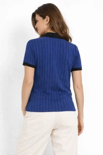 Polo Yaka Çizgili Tişört Kısa Kol Düğmeli Yazlık T-Shirt - Saks Mavisi