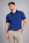 Erkek Polo Yaka Çizgili Tişört Kısa Kol Düğmeli Yazlık T-Shirt – Saks Mavisi