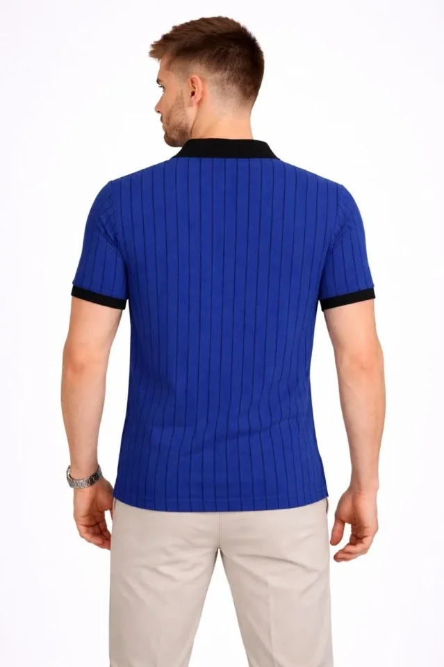 Erkek Polo Yaka Çizgili Tişört Kısa Kol Düğmeli Yazlık T-Shirt - Saks Mavisi Erkek Polo Yaka Çizgili Tişört Kısa Kol Düğmeli Yazlık T-Shirt - Saks Mavisi