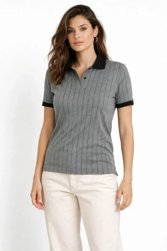 Polo Yaka Çizgili Tişört Kısa Kol Düğmeli Yazlık T-Shirt - Gri Polo Yaka Çizgili Tişört Kısa Kol Düğmeli Yazlık T-Shirt - Gri