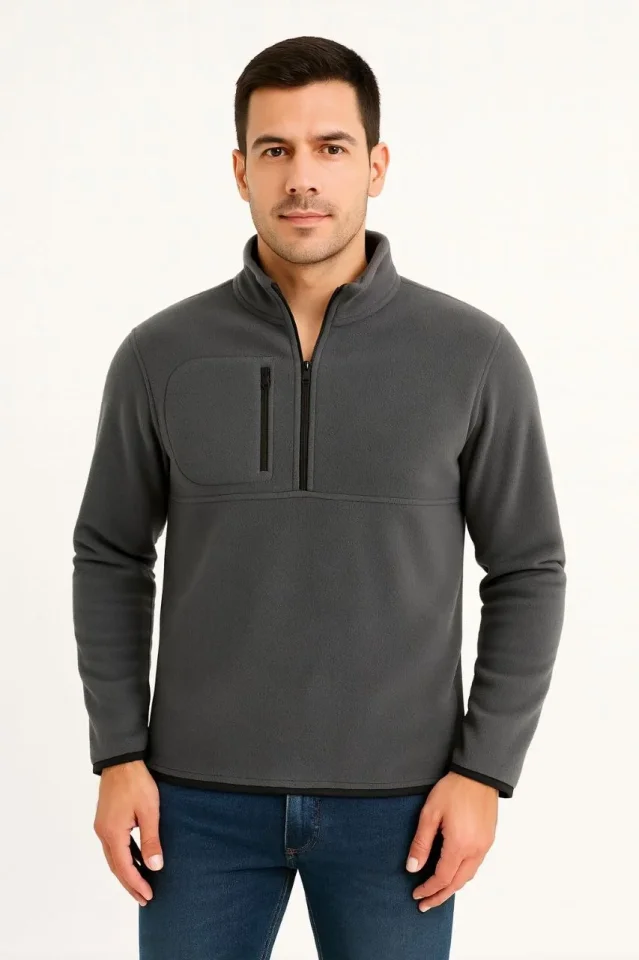 Erkek Polar Kazak Dik Yaka Yarım Fermuarlı Fermuarlı Göğüs Cepli Siyah Biyeli - Füme Erkek Polar Kazak Dik Yaka Yarım Fermuarlı Fermuarlı Göğüs Cepli Siyah Biyeli - Füme