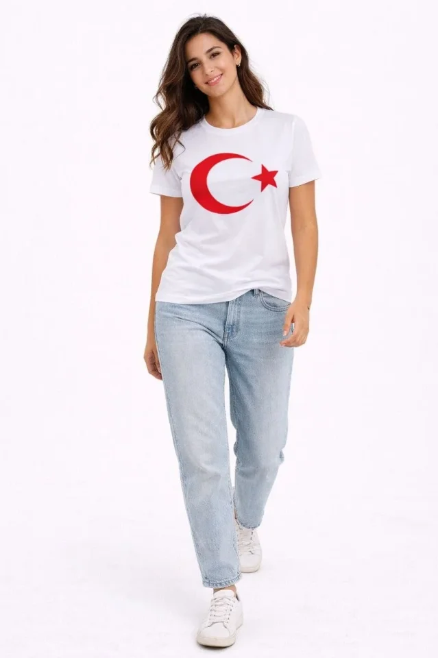 T-Shirt Kısa Kol Bisiklet Yaka Ay Yıldız Bayrak Baskılı Tişört - Beyaz T-Shirt Kısa Kol Bisiklet Yaka Ay Yıldız Bayrak Baskılı Tişört - Beyaz