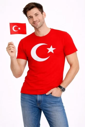 Erkek T-Shirt Kısa Kol Bisiklet Yaka Ay Yıldız Bayrak Baskılı Tişört - Kırmızı