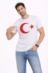 Erkek T-Shirt Kısa Kol Bisiklet Yaka Ay Yıldız Bayrak Baskılı Tişört – Beyaz