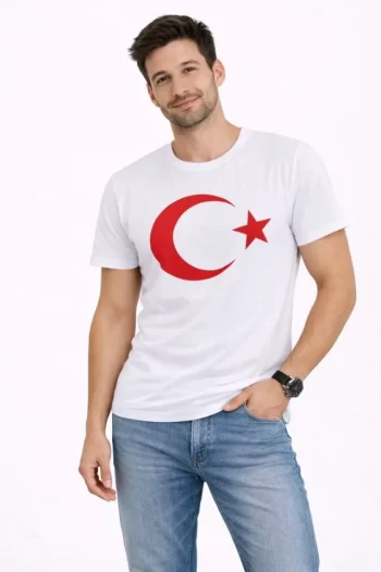 Erkek T-Shirt Kısa Kol Bisiklet Yaka Ay Yıldız Bayrak Baskılı Tişört - Beyaz