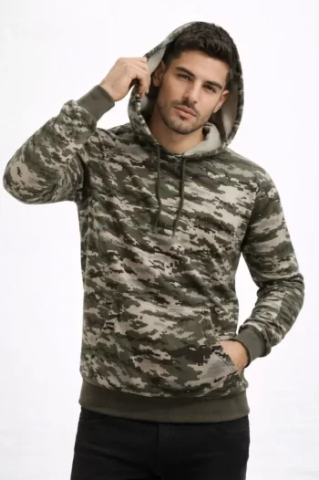 Erkek Kamuflaj Desenli 2 İplik 4 Mevsim Kapüşonlu Kanguru Cepli Hoodie Sweatshirt - Kamuflaj