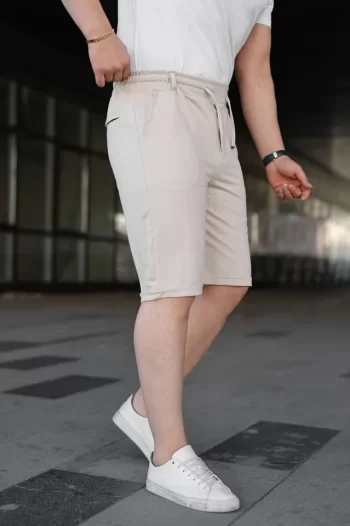 Erkek Diagonel Kumaş Duble Paça Cepli Bağcıklı Bel Lastikli ŞORT - Krem