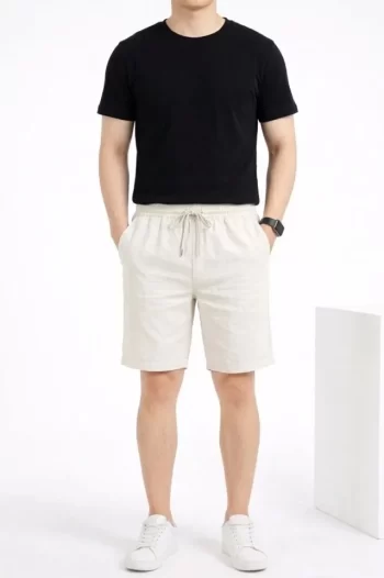 Erkek Keten Kumaş Cepli Rahat Kesim Bel Lastikli Şort - Beyaz