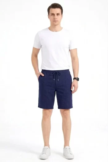 Erkek Keten Kumaş Cepli Rahat Kesim Bel Lastikli Şort - Lacivert