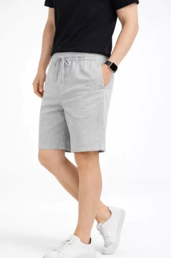 Erkek Keten Kumaş Cepli Rahat Kesim Bel Lastikli Şort - Gri