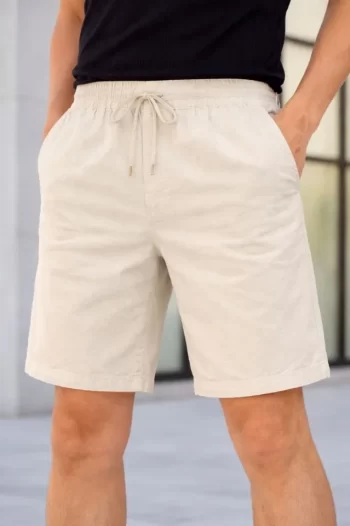Erkek Keten Kumaş Cepli Rahat Kesim Bel Lastikli Şort - Krem
