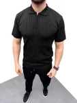 Erkek Yazlık Triko Saç Örgü Tişört Kısa Kol Polo Yaka Fermuarlı T-Shirt – Siyah